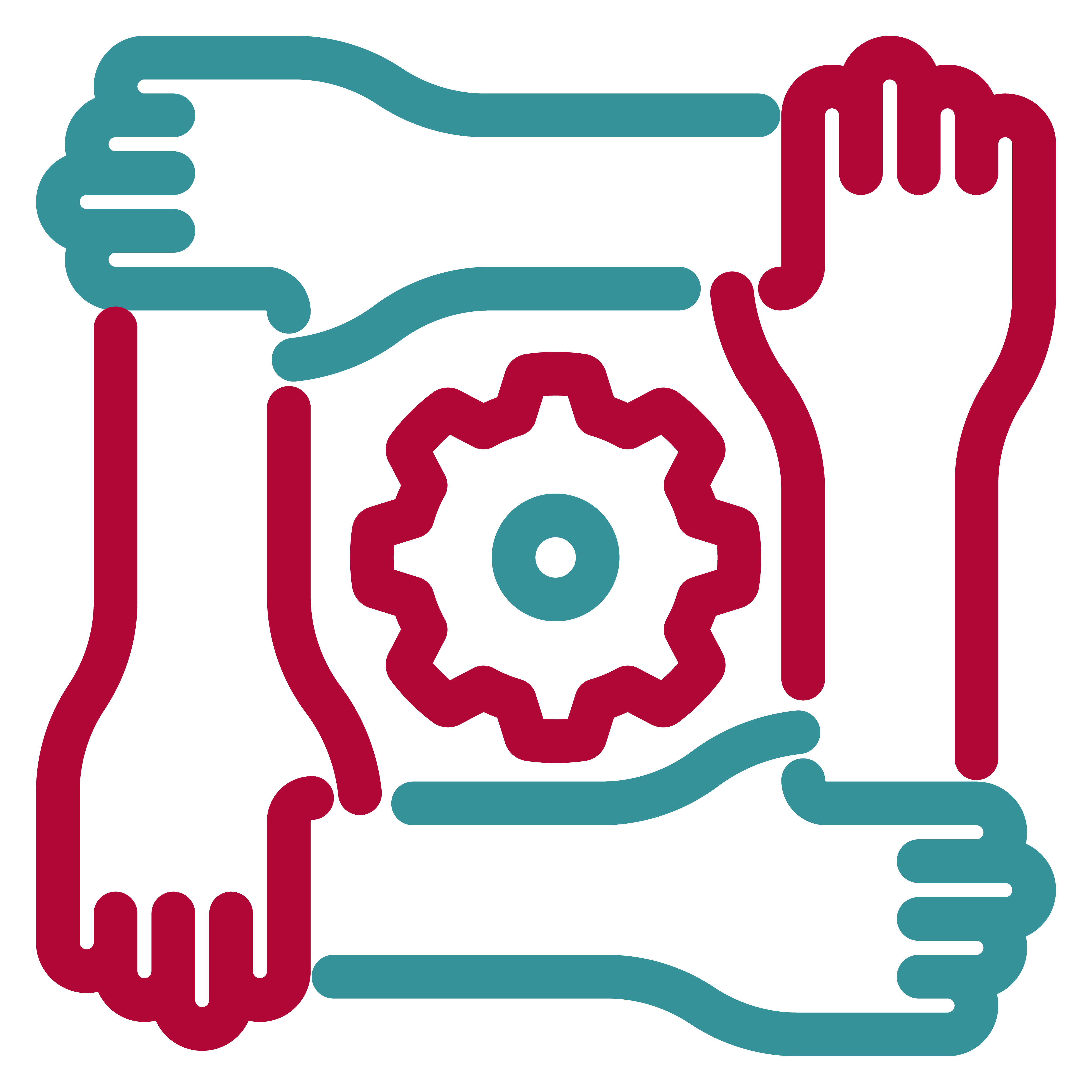 Icon illustrating four linked hands circling a gear